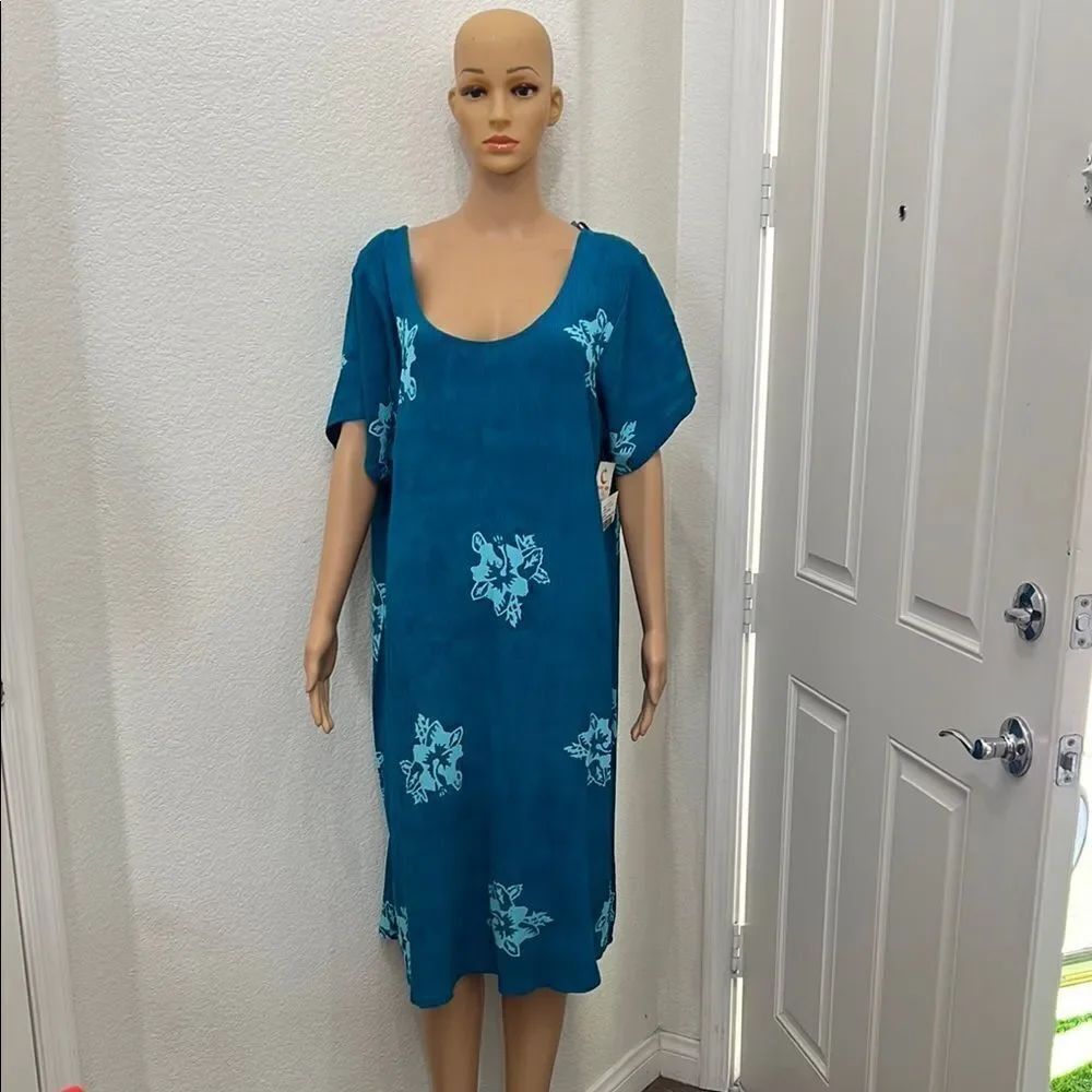 Pineapple Moon Floral Teal Midi Dress Sz 1X Scoop Neck Short Sleeve 💯% Rayon New